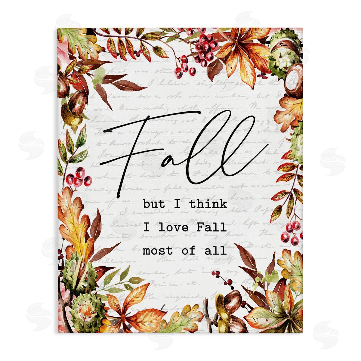Lettered and Lined Stylish Fall Script Phrase Autumnal Foliage Plants  Stretched Canvas Wall Art Print