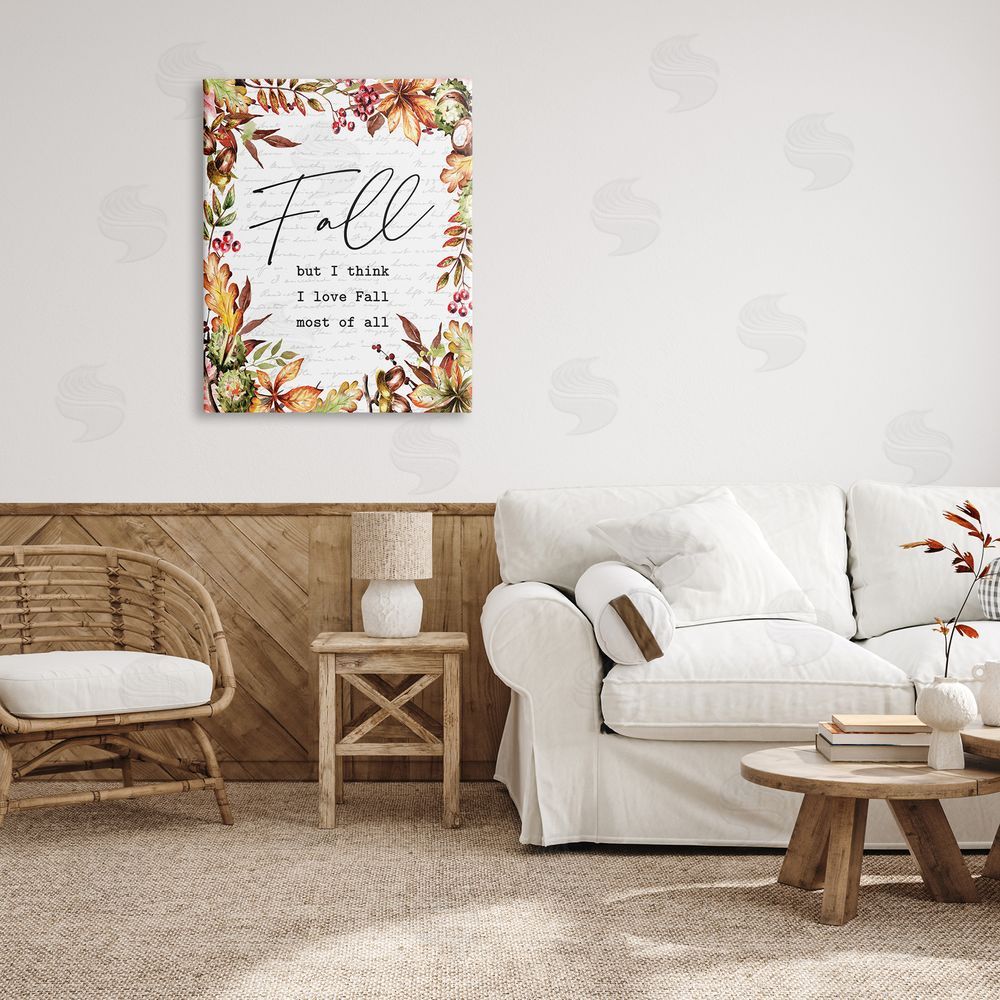 Lettered and Lined Stylish Fall Script Phrase Autumnal Foliage Plants  Canvas Wall Art Print in Room