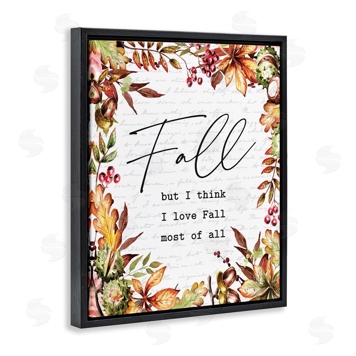 Lettered and Lined Stylish Fall Script Phrase Autumnal Foliage Plants  Black Floating Frame Canvas Wall Art Print