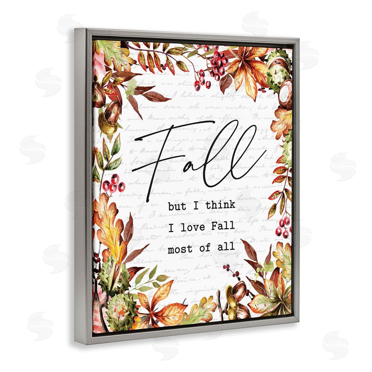 Lettered and Lined Stylish Fall Script Phrase Autumnal Foliage Plants  Gray Floating Frame Canvas Wall Art Print