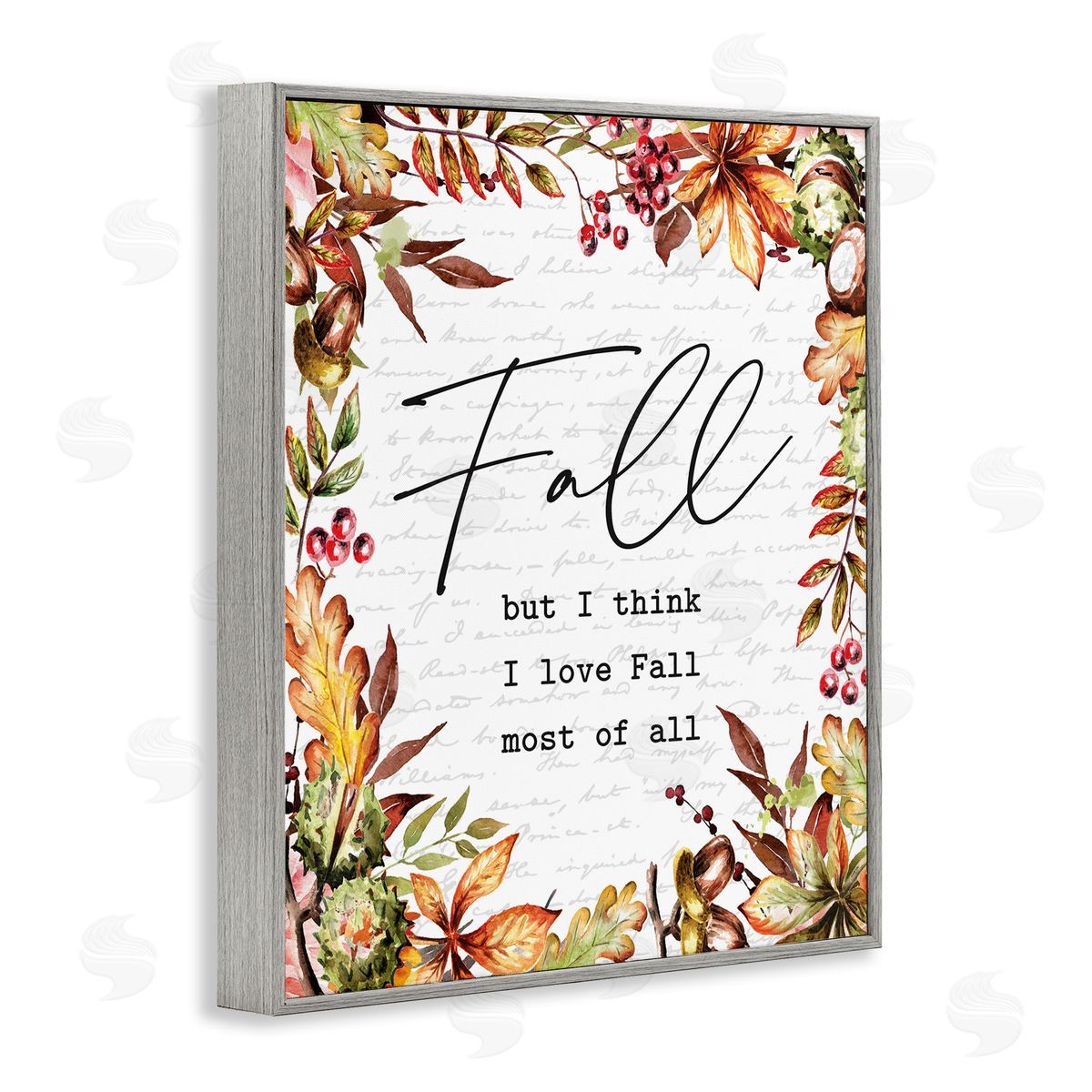 Lettered and Lined Stylish Fall Script Phrase Autumnal Foliage Plants  Gray Framed Giclee Wall Art Print
