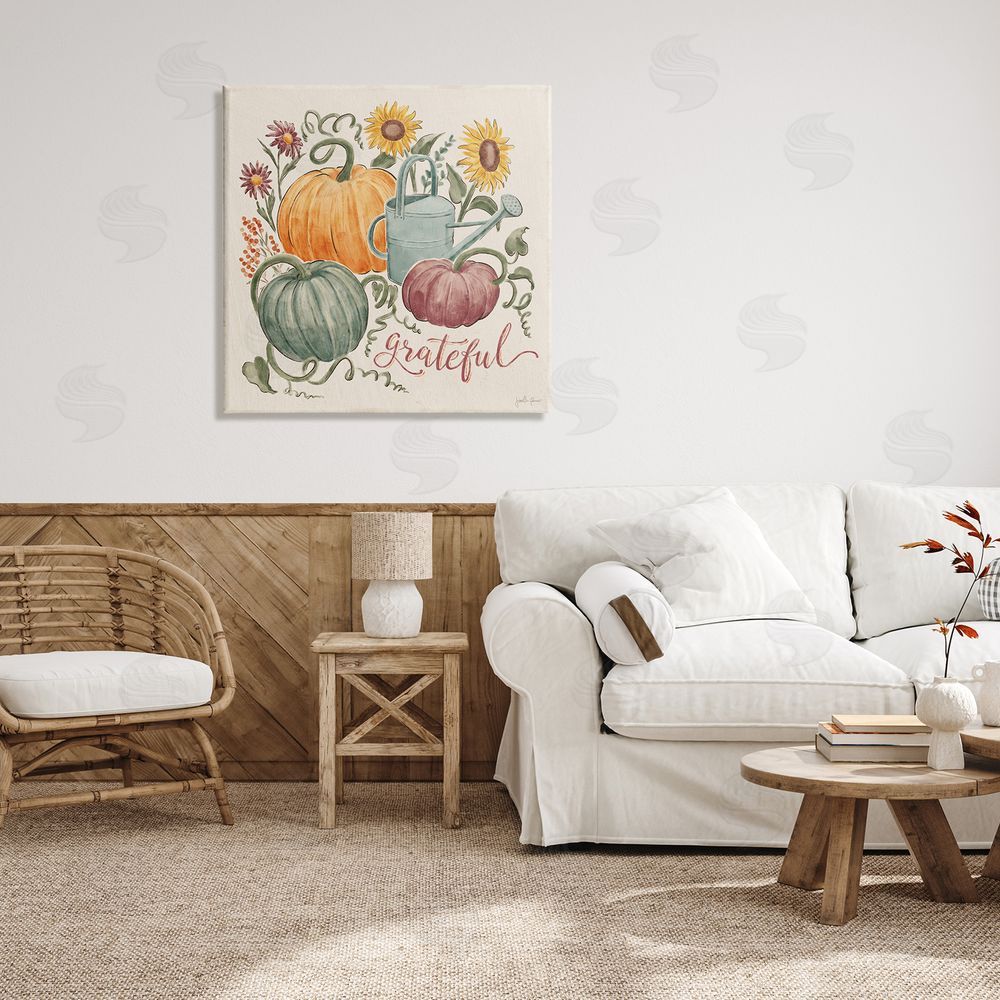 Janelle Penner Grateful Script Warm Pumpkins Autumn Plants Sunflowers Canvas Wall Art in Room