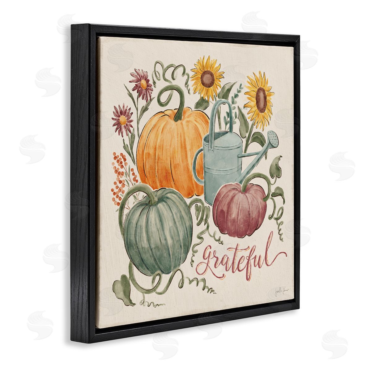 Janelle Penner Grateful Script Warm Pumpkins Autumn Plants Sunflowers Black Floating Frame Canvas Wall Art Print
