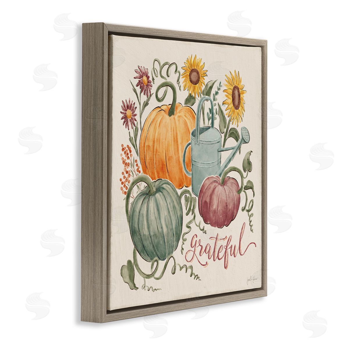 Janelle Penner Grateful Script Warm Pumpkins Autumn Plants Sunflowers Brown Floating Frame Canvas Wall Art Print