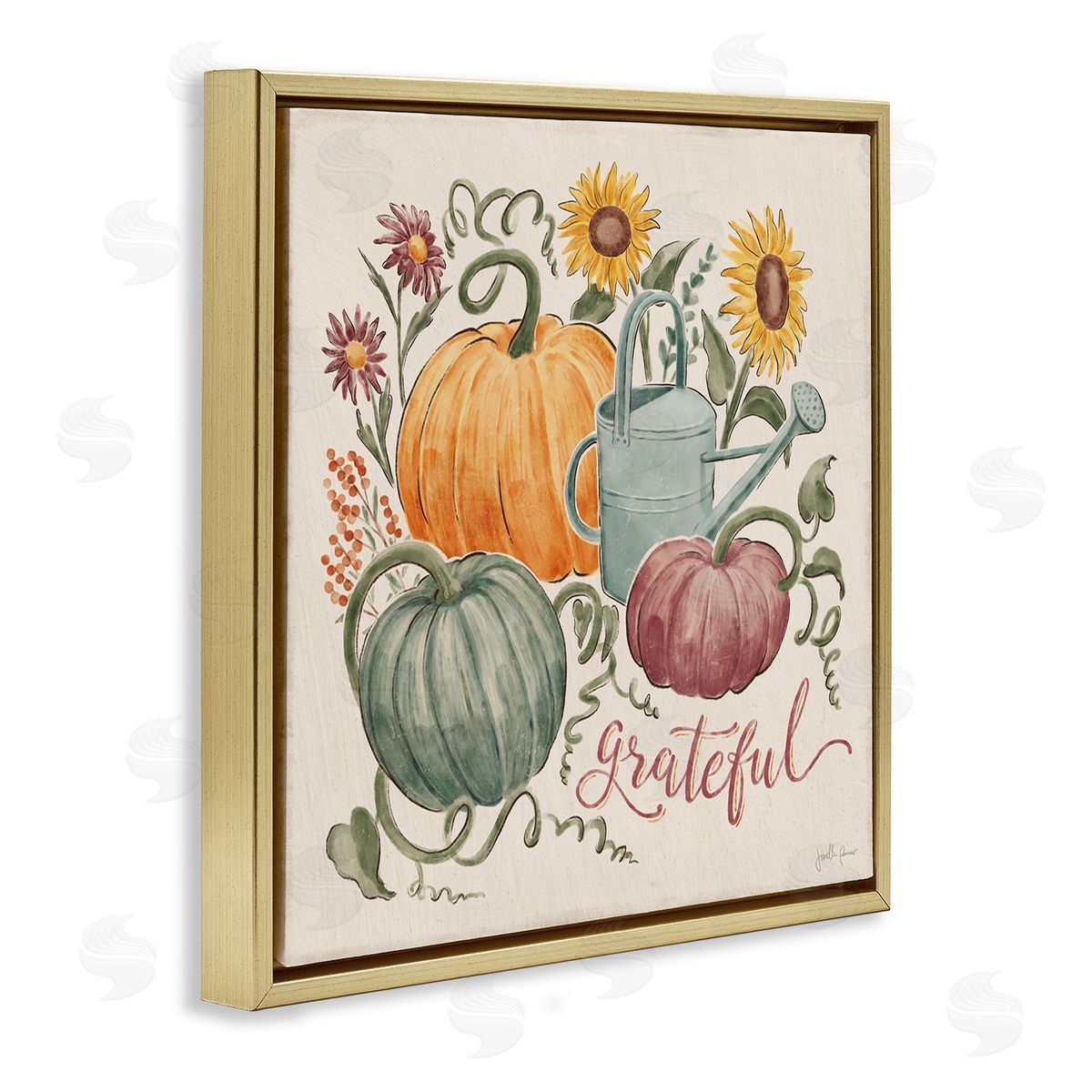Janelle Penner Grateful Script Warm Pumpkins Autumn Plants Sunflowers Gold Floating Frame Canvas Wall Art Print