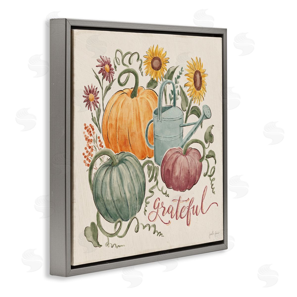 Janelle Penner Grateful Script Warm Pumpkins Autumn Plants Sunflowers Gray Floating Frame Canvas Wall Art Print