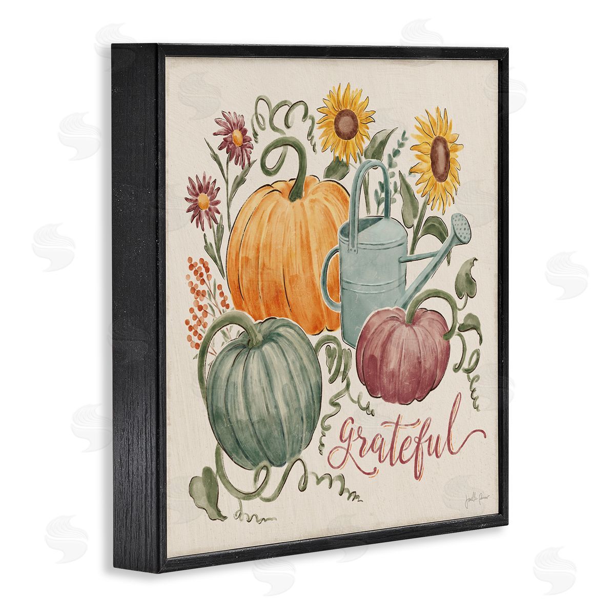 Janelle Penner Grateful Script Warm Pumpkins Autumn Plants Sunflowers Black Framed Glicee Wall Art Print