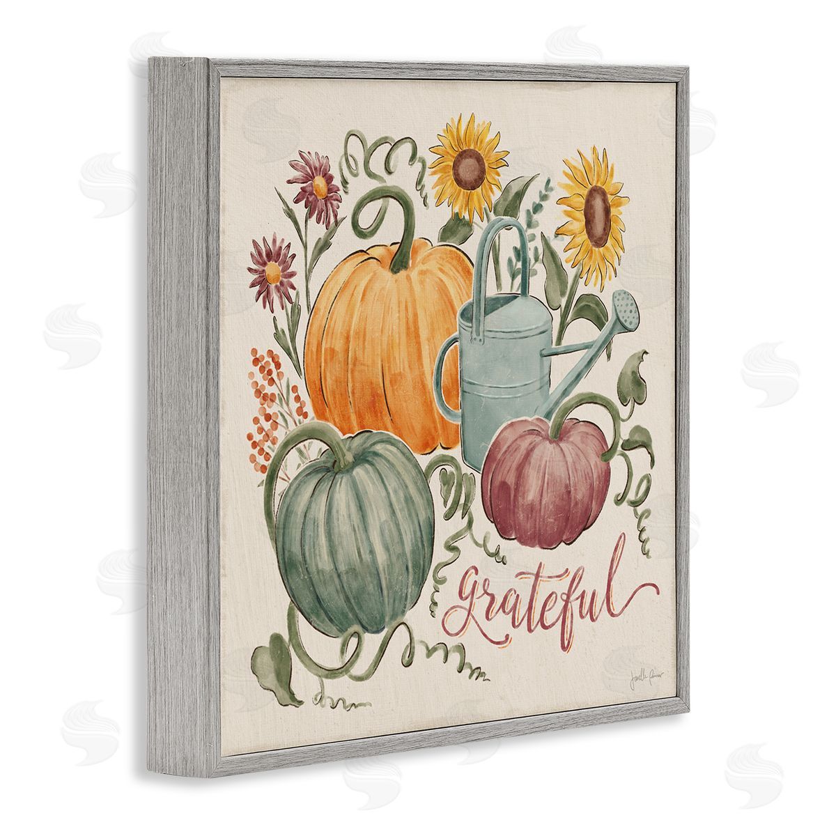 Janelle Penner Grateful Script Warm Pumpkins Autumn Plants Sunflowers Gray Framed Glicee Wall Art Print