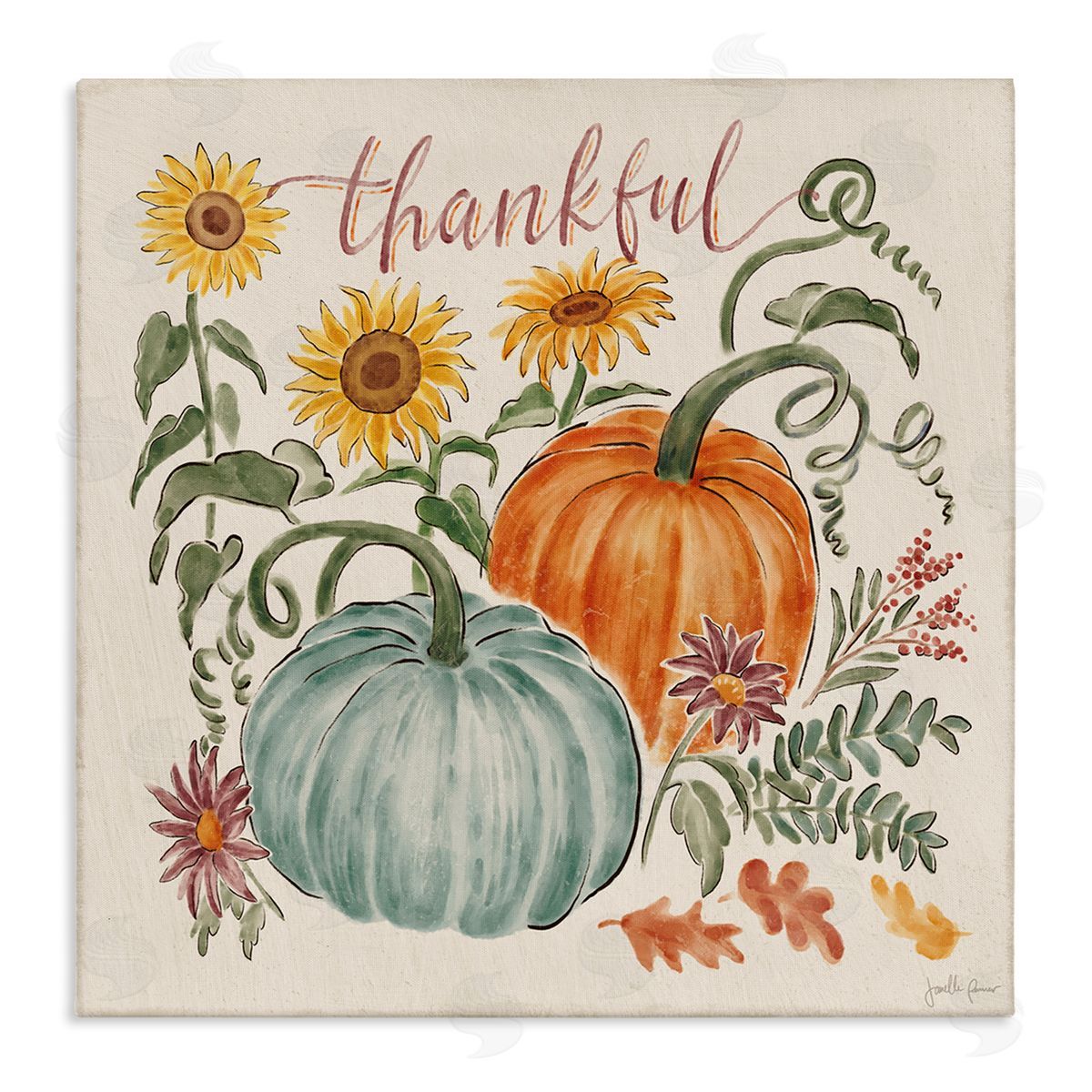 Janelle Penner Thankful Text Autumnal Flower Blossoms Pumpkins Design Stretched Canvas Wall Art Print
