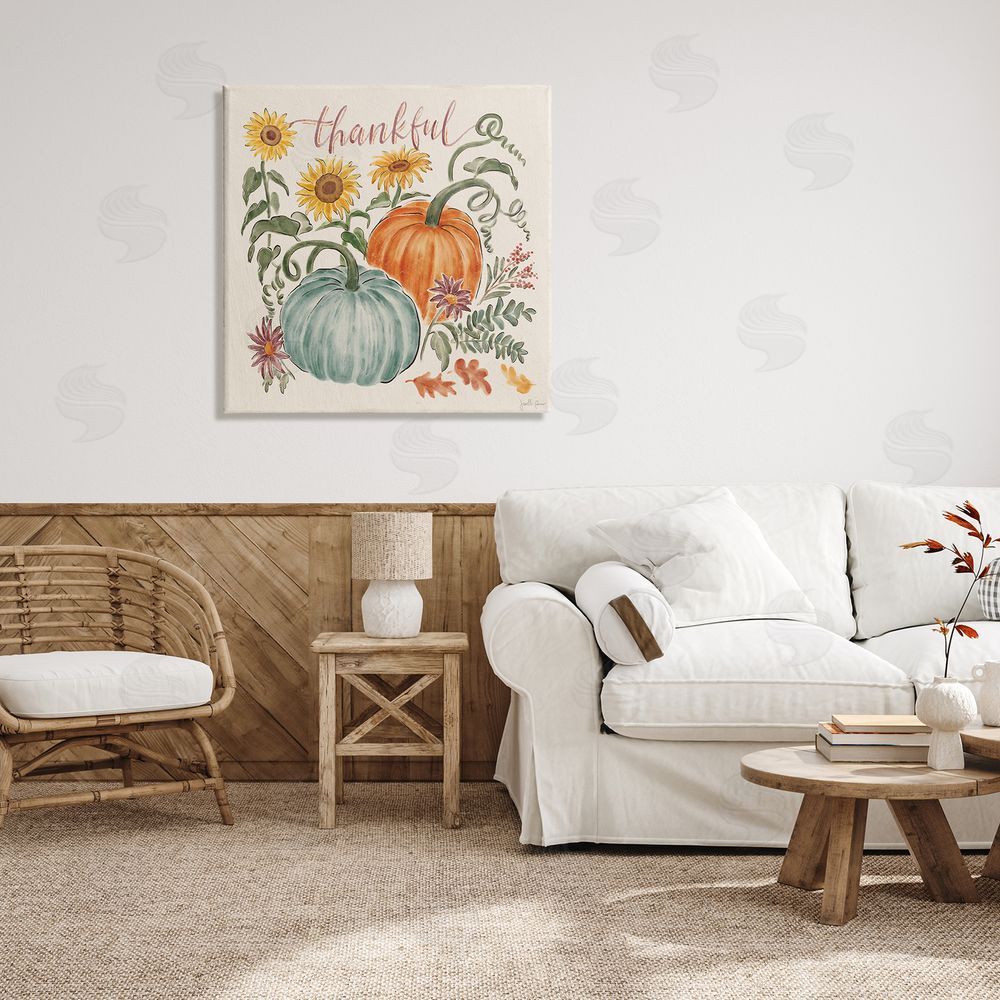 Janelle Penner Thankful Text Autumnal Flower Blossoms Pumpkins Design Canvas Wall Art in Room