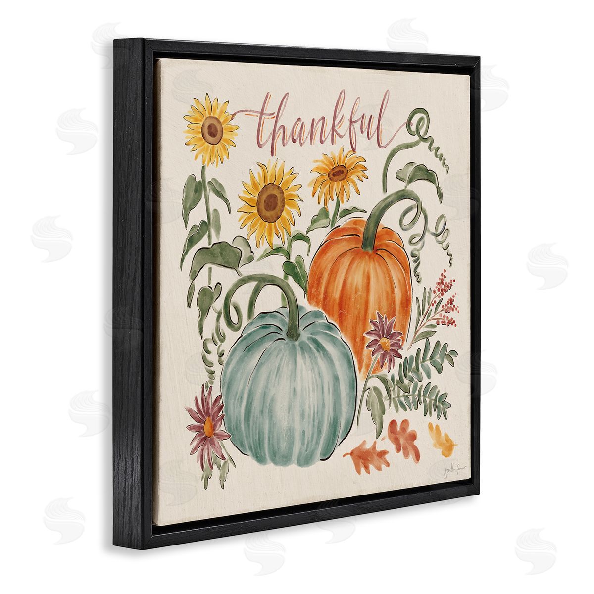 Janelle Penner Thankful Text Autumnal Flower Blossoms Pumpkins Design Black Floating Frame Canvas Wall Art Print