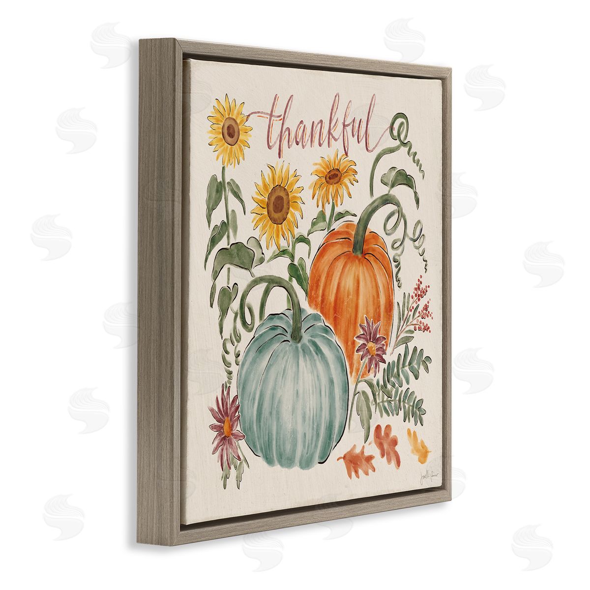 Janelle Penner Thankful Text Autumnal Flower Blossoms Pumpkins Design Brown Floating Frame Canvas Wall Art Print