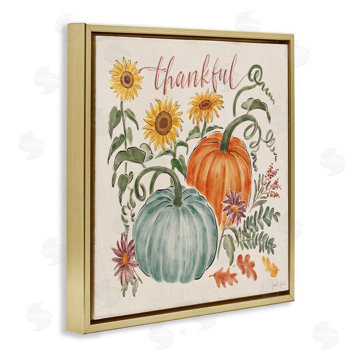 Janelle Penner Thankful Text Autumnal Flower Blossoms Pumpkins Design Gold Floating Frame Canvas Wall Art Print