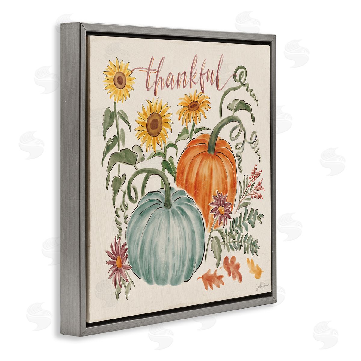 Janelle Penner Thankful Text Autumnal Flower Blossoms Pumpkins Design Gray Floating Frame Canvas Wall Art Print
