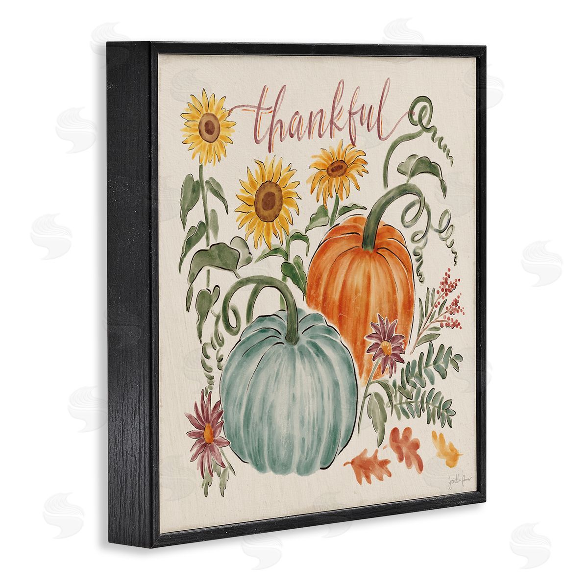 Janelle Penner Thankful Text Autumnal Flower Blossoms Pumpkins Design Black Framed Glicee Wall Art Print