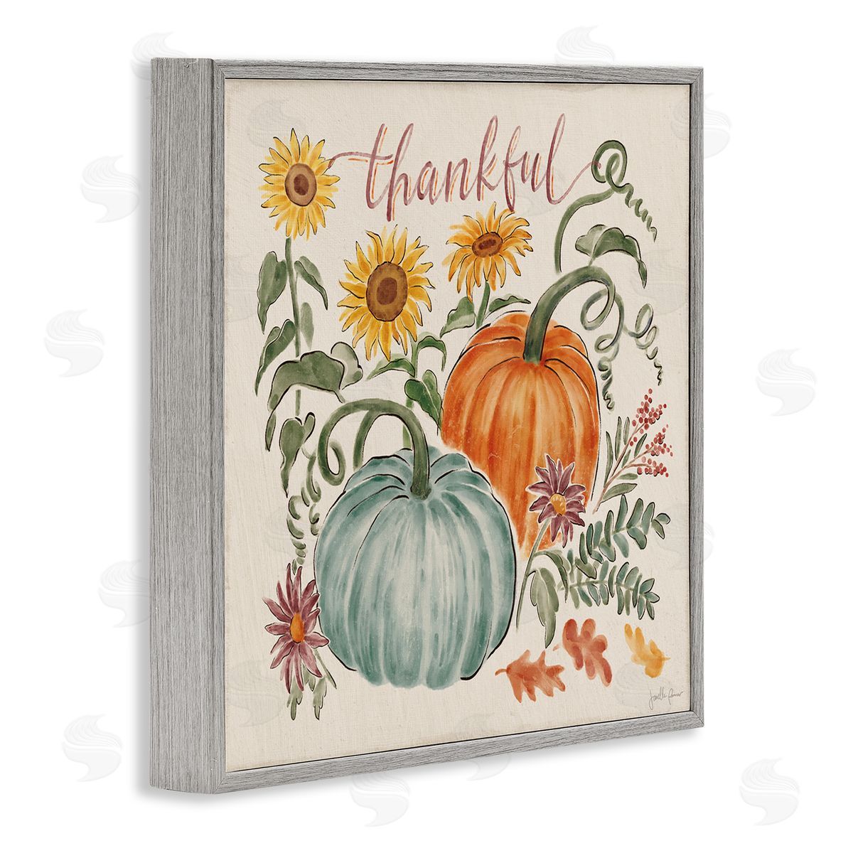 Janelle Penner Thankful Text Autumnal Flower Blossoms Pumpkins Design Gray Framed Glicee Wall Art Print