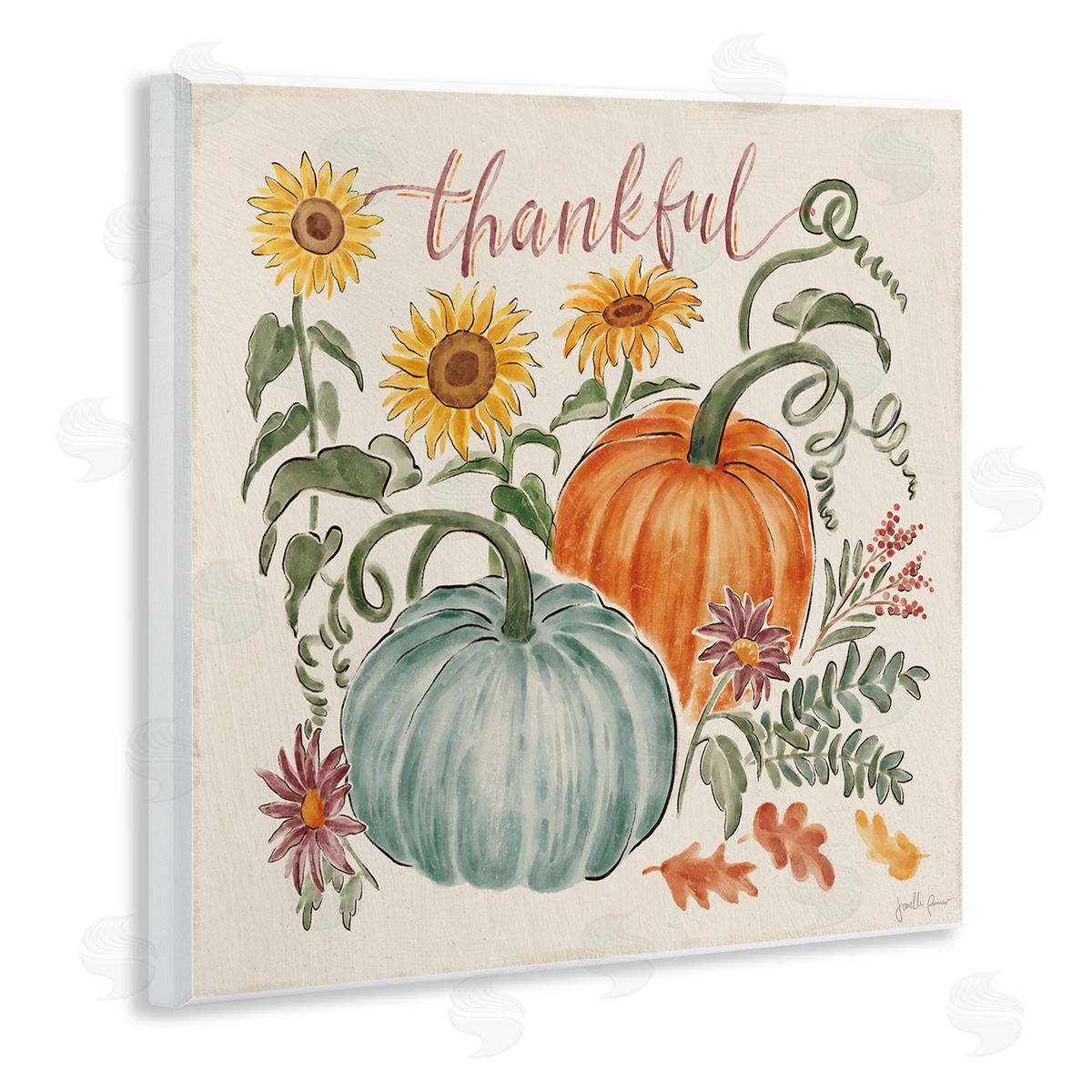 Janelle Penner Thankful Text Autumnal Flower Blossoms Pumpkins Design Wooden Wall Plaque Art Print