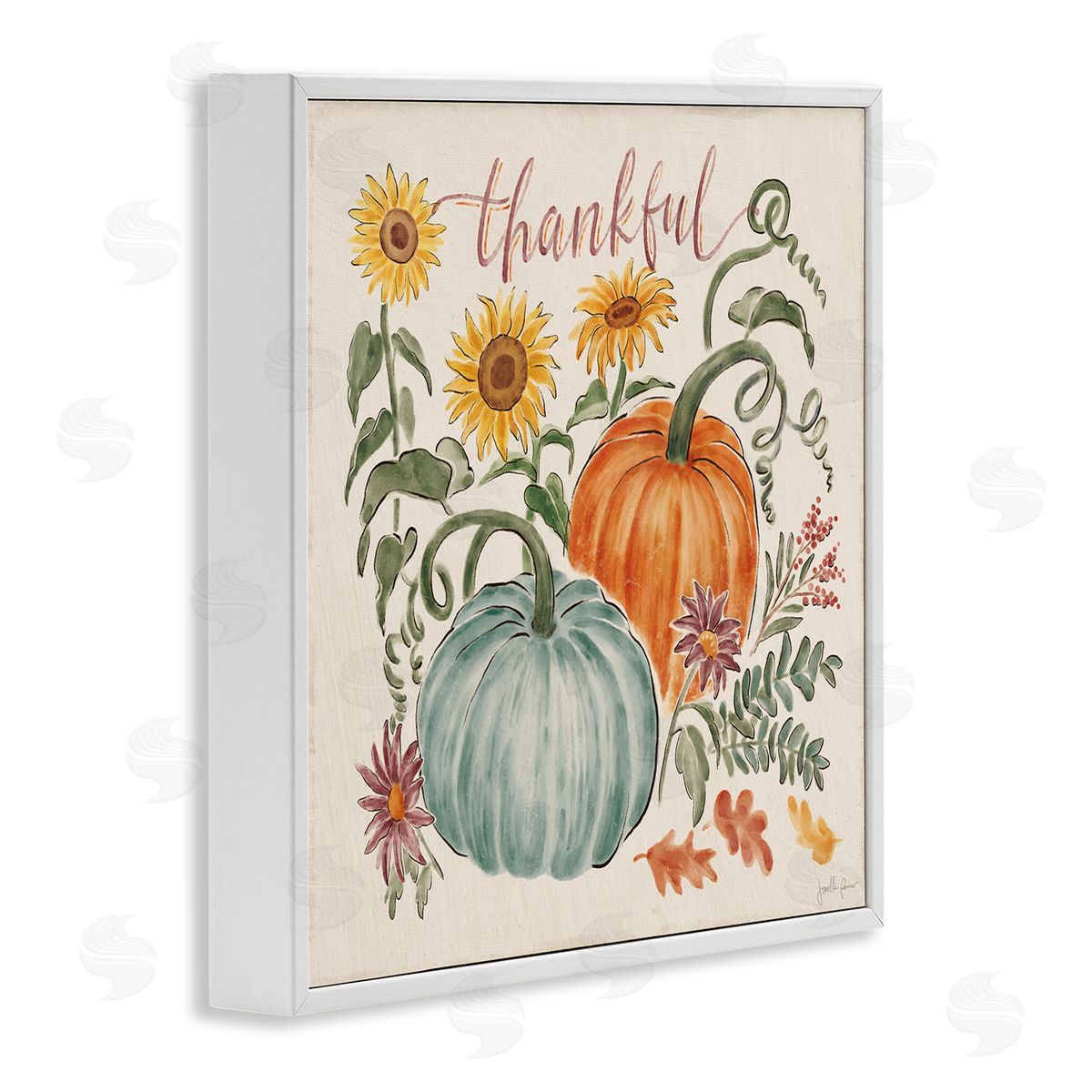 Janelle Penner Thankful Text Autumnal Flower Blossoms Pumpkins Design White Framed Glicee Wall Art Print