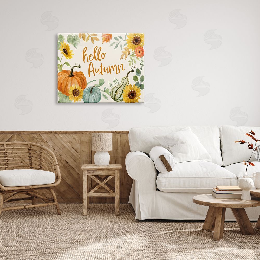 Victoria Barnes Hello Autumn Orange Calligraphy Fall Plants   Canvas Wall Art Print in Room