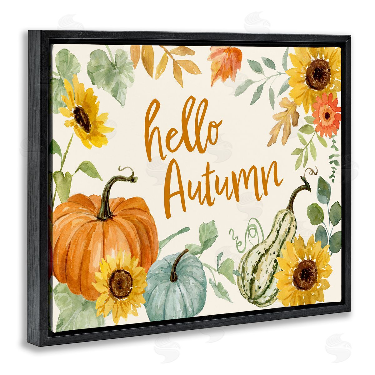 Victoria Barnes Hello Autumn Orange Calligraphy Fall Plants   Black Floating Frame Canvas Wall Art Print