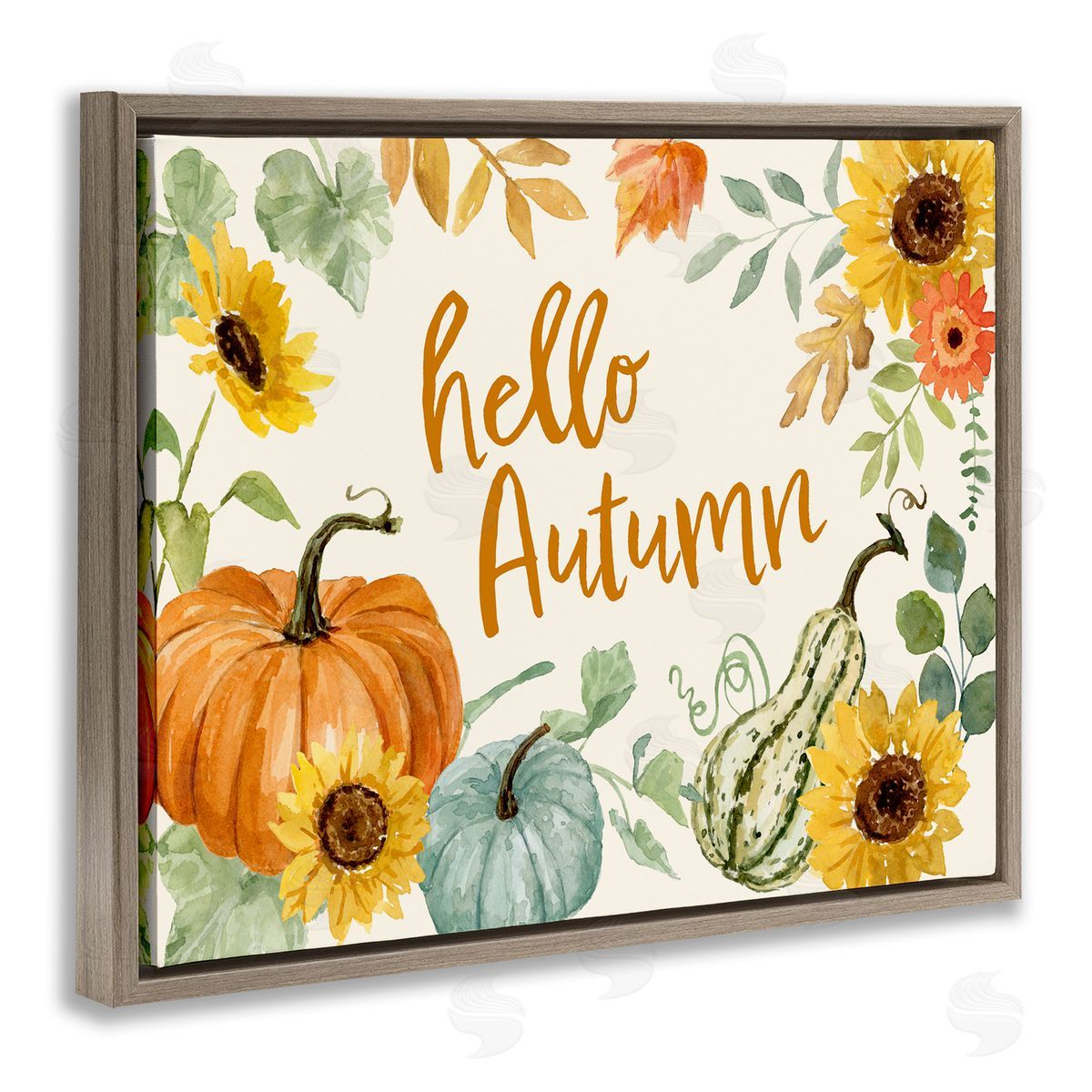 Victoria Barnes Hello Autumn Orange Calligraphy Fall Plants   Brown Floating Frame Canvas Wall Art Print