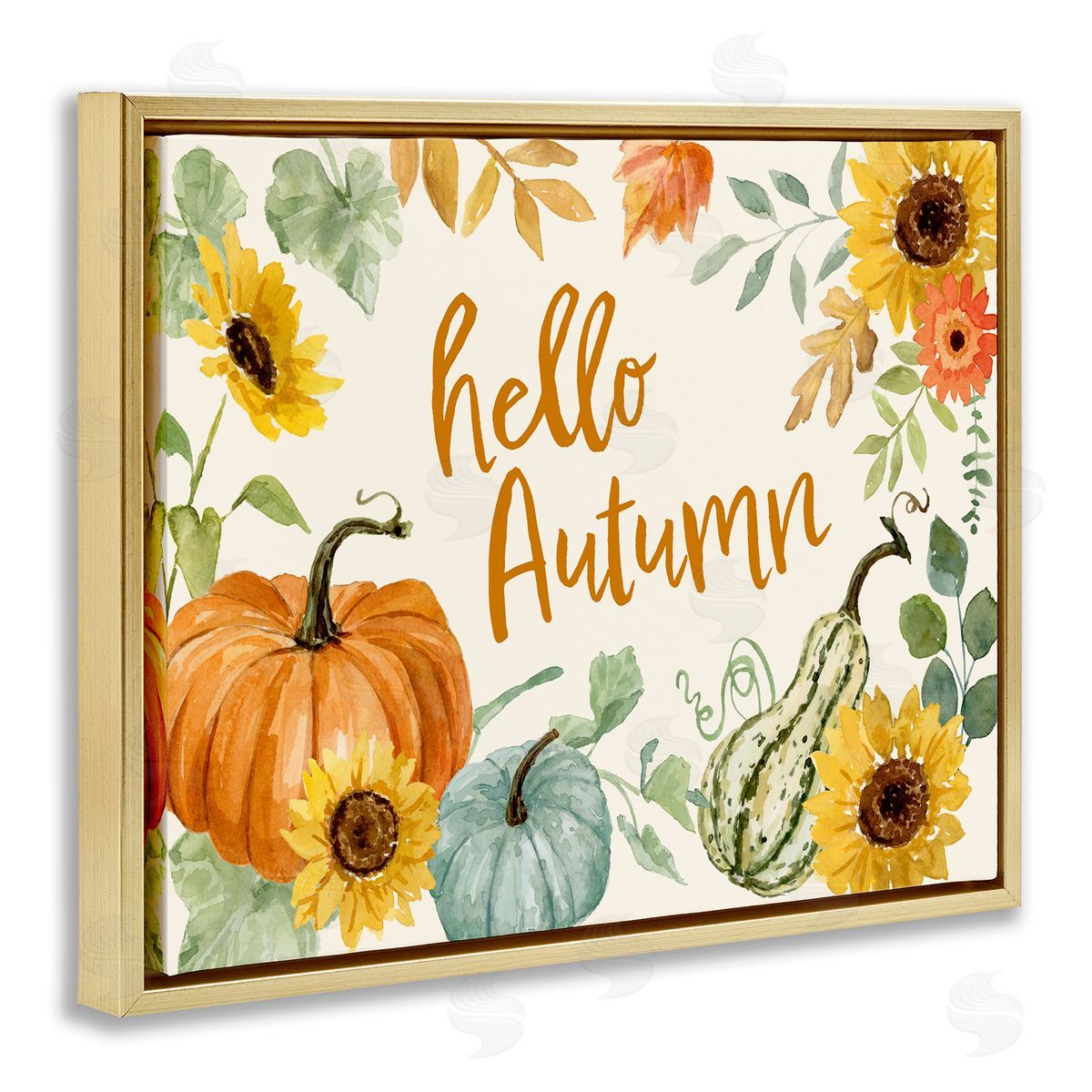 Victoria Barnes Hello Autumn Orange Calligraphy Fall Plants   Gold Floating Frame Canvas Wall Art Print
