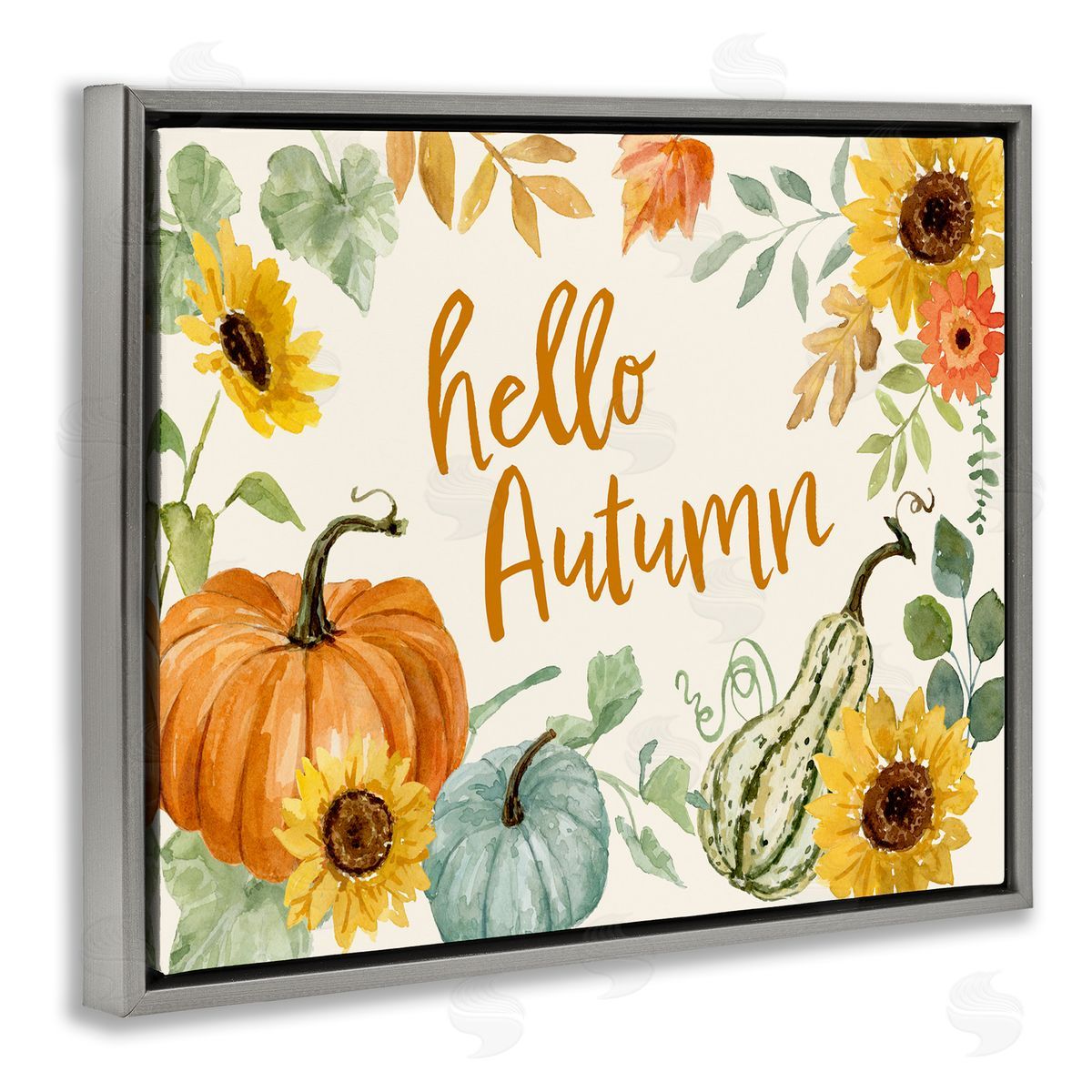 Victoria Barnes Hello Autumn Orange Calligraphy Fall Plants   Gray Floating Frame Canvas Wall Art Print