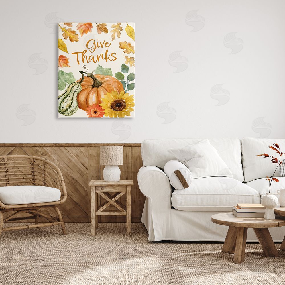 Victoria Barnes Give Thanks Harvest Gourds Leaves Autumnal   Canvas Wall Art Print in Room