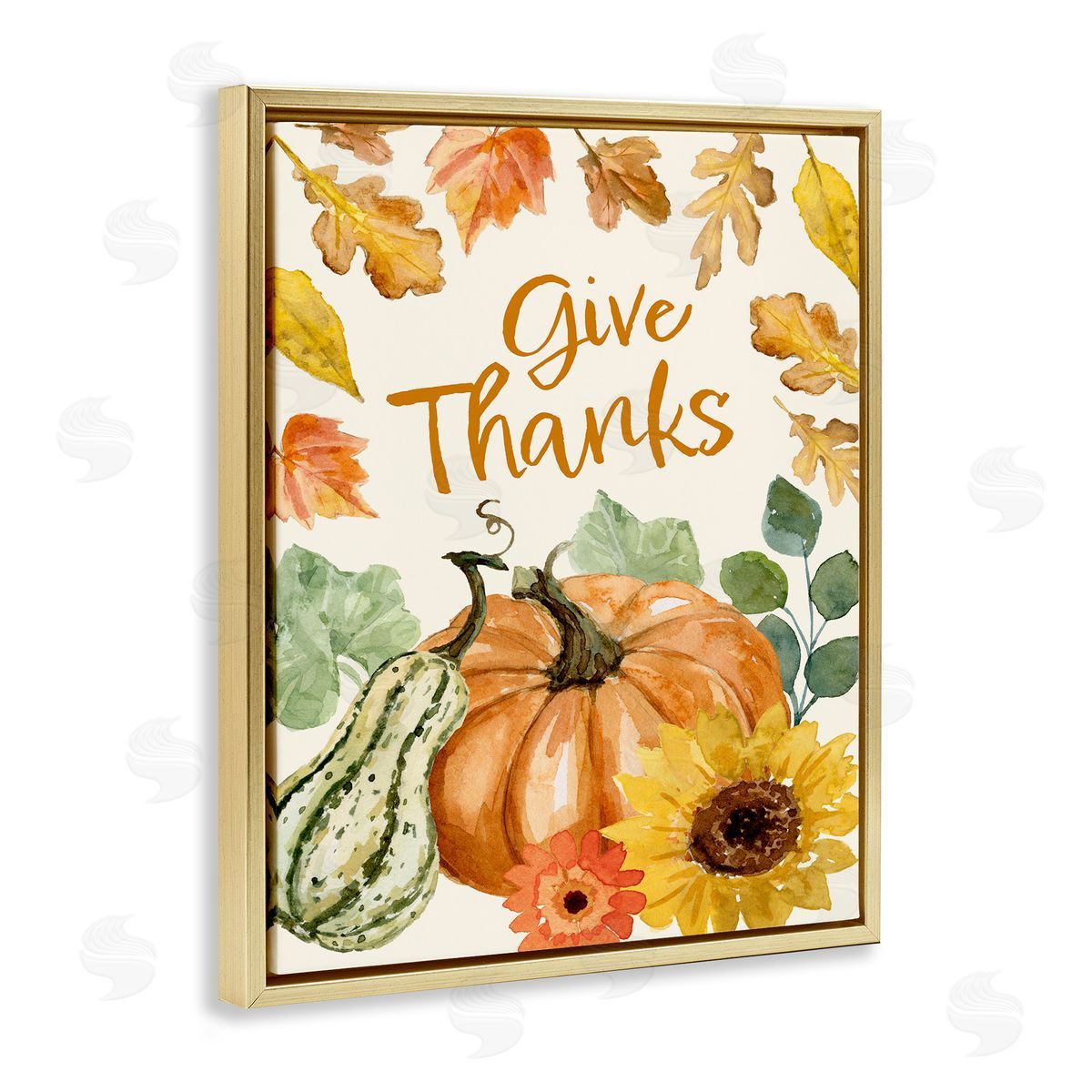 Victoria Barnes Give Thanks Harvest Gourds Leaves Autumnal   Gold Floating Frame Canvas Wall Art Print
