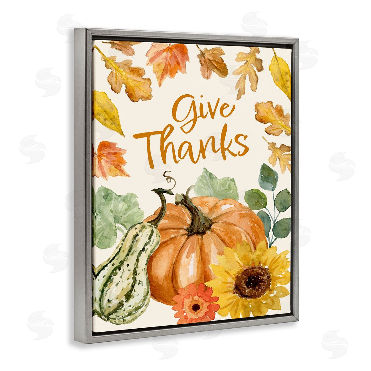 Victoria Barnes Give Thanks Harvest Gourds Leaves Autumnal   Gray Floating Frame Canvas Wall Art Print
