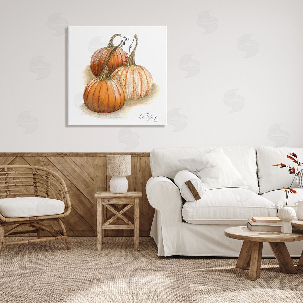 Ale Saiz Studio Detailed Autumn Pumpkins Gourds Still Life Illustration Canvas Wall Art in Room