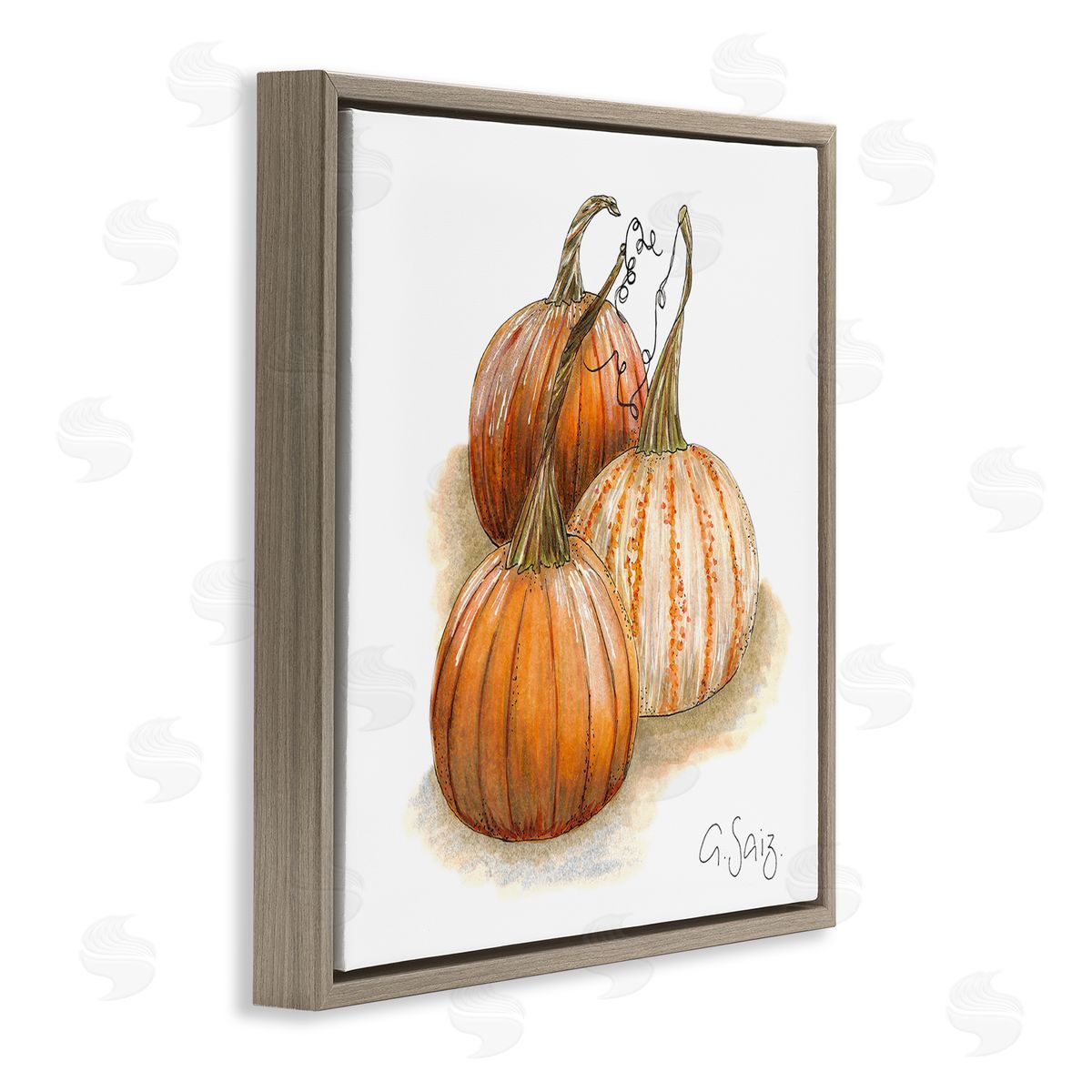 Ale Saiz Studio Detailed Autumn Pumpkins Gourds Still Life Illustration Brown Floating Frame Canvas Wall Art Print