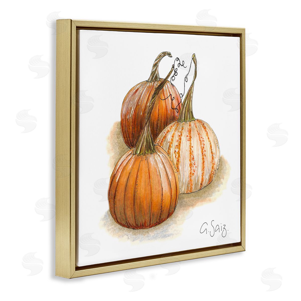 Ale Saiz Studio Detailed Autumn Pumpkins Gourds Still Life Illustration Gold Floating Frame Canvas Wall Art Print