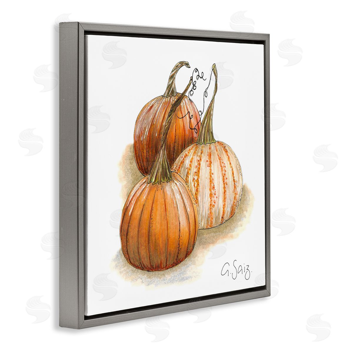Ale Saiz Studio Detailed Autumn Pumpkins Gourds Still Life Illustration Gray Floating Frame Canvas Wall Art Print