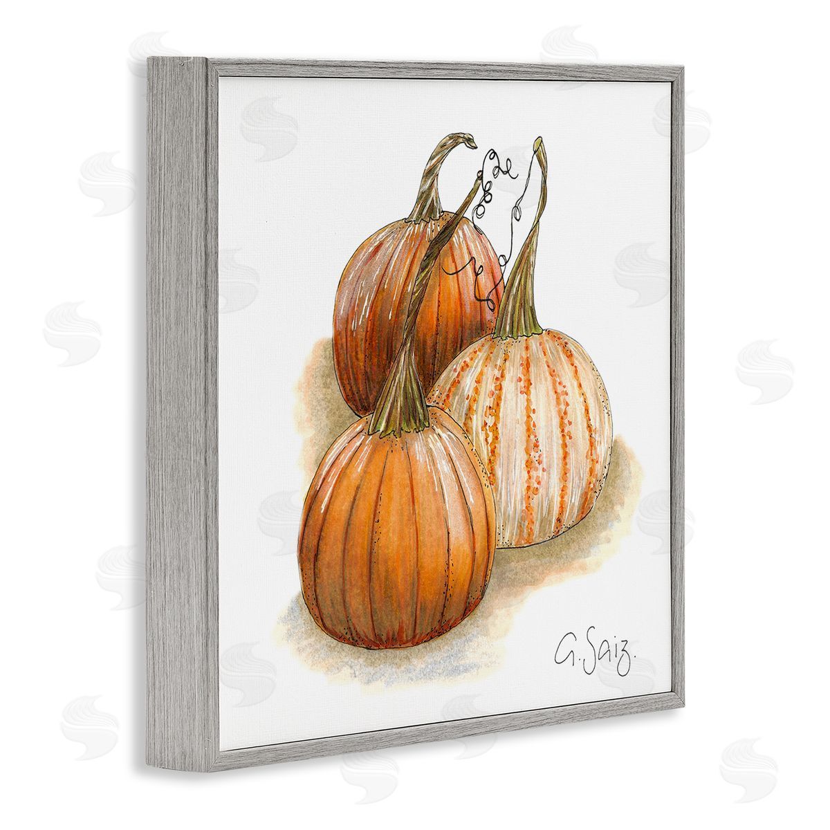Ale Saiz Studio Detailed Autumn Pumpkins Gourds Still Life Illustration Gray Framed Glicee Wall Art Print