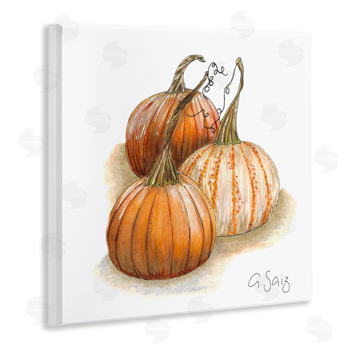 Ale Saiz Studio Detailed Autumn Pumpkins Gourds Still Life Illustration Wooden Wall Plaque Art Print