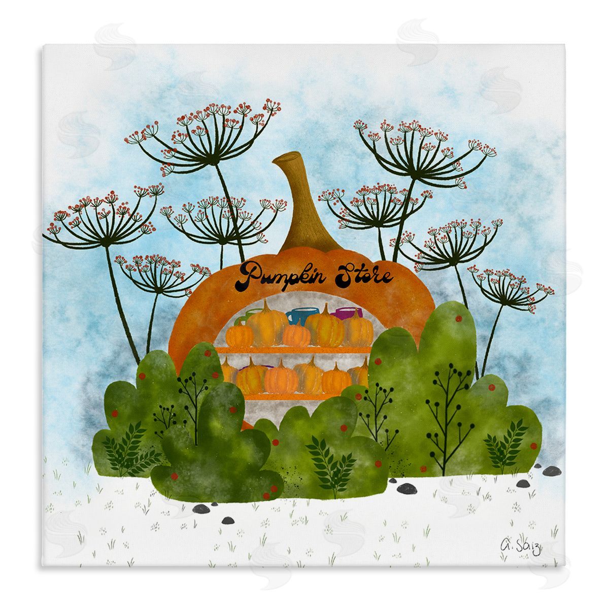 Ale Saiz Studio Pumpkin Store Beneath Dandelions Whimsical Autumn Scenery Stretched Canvas Wall Art Print