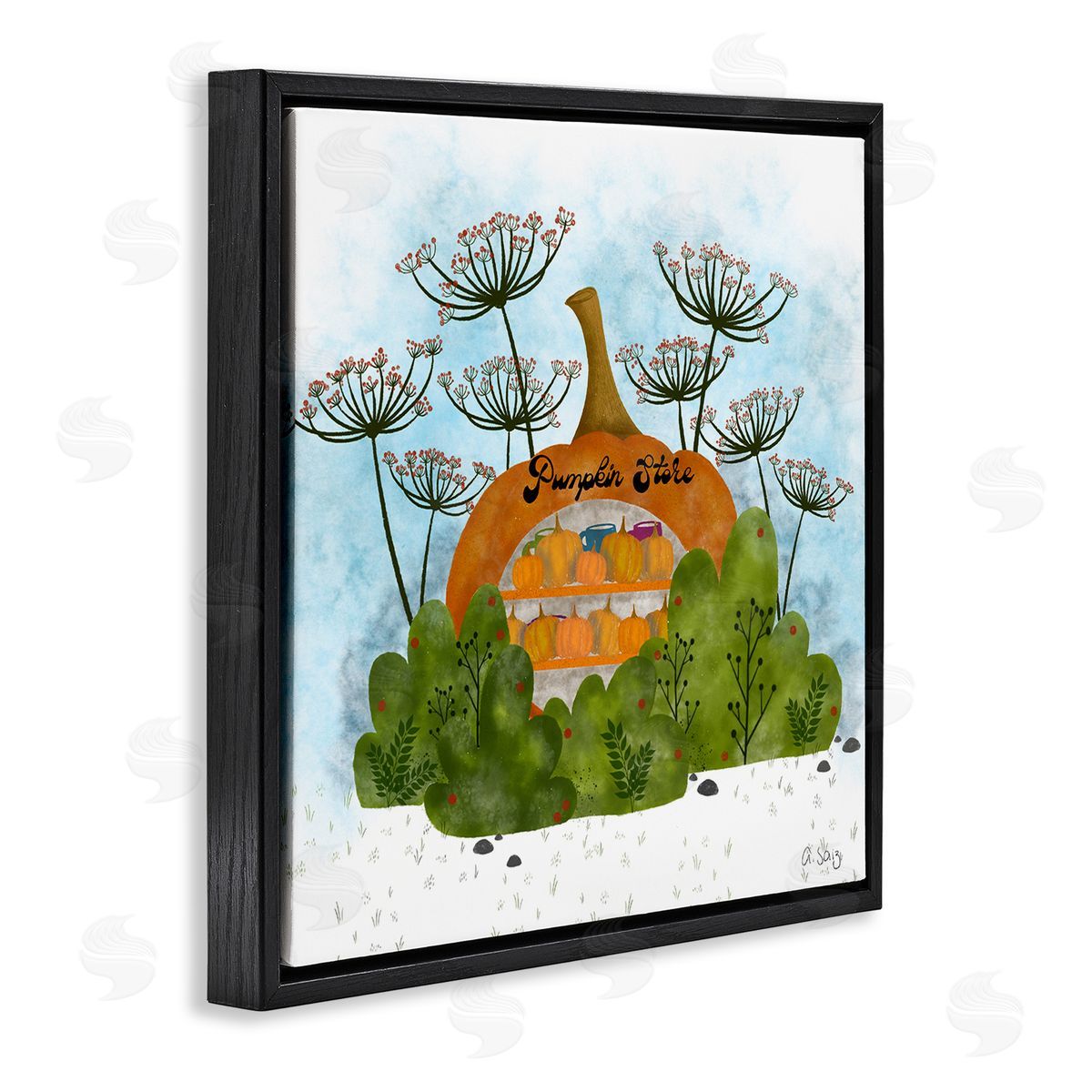 Ale Saiz Studio Pumpkin Store Beneath Dandelions Whimsical Autumn Scenery Black Floating Frame Canvas Wall Art Print