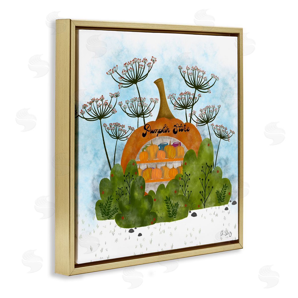 Ale Saiz Studio Pumpkin Store Beneath Dandelions Whimsical Autumn Scenery Gold Floating Frame Canvas Wall Art Print