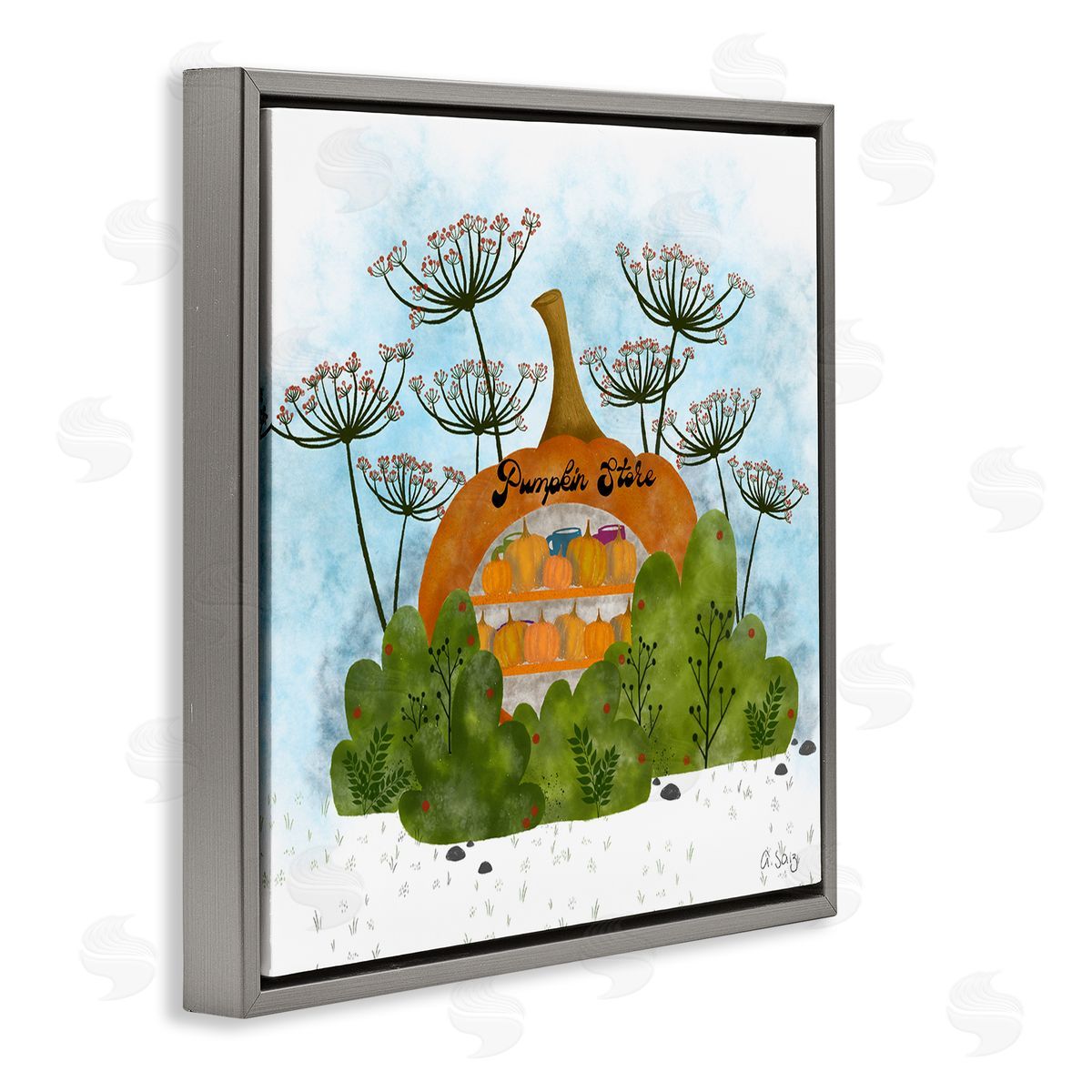 Ale Saiz Studio Pumpkin Store Beneath Dandelions Whimsical Autumn Scenery Gray Floating Frame Canvas Wall Art Print