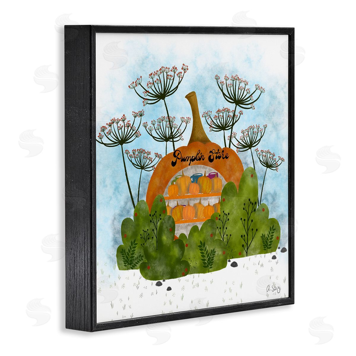 Ale Saiz Studio Pumpkin Store Beneath Dandelions Whimsical Autumn Scenery Black Framed Glicee Wall Art Print