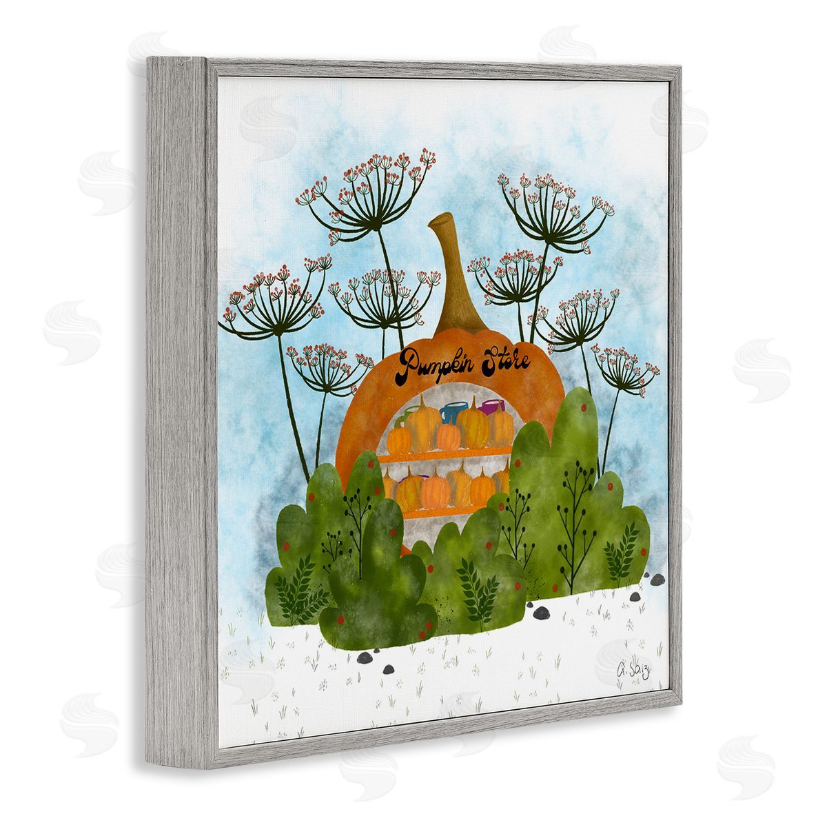 Ale Saiz Studio Pumpkin Store Beneath Dandelions Whimsical Autumn Scenery Gray Framed Glicee Wall Art Print