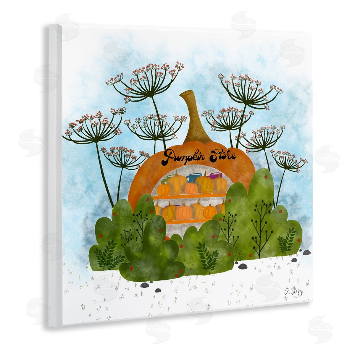 Ale Saiz Studio Pumpkin Store Beneath Dandelions Whimsical Autumn Scenery Wooden Wall Plaque Art Print