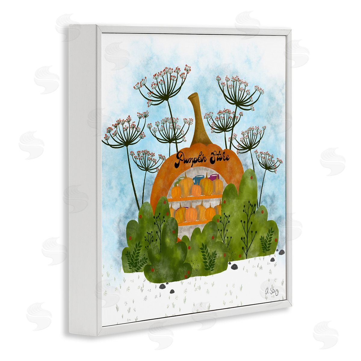 Ale Saiz Studio Pumpkin Store Beneath Dandelions Whimsical Autumn Scenery White Framed Glicee Wall Art Print