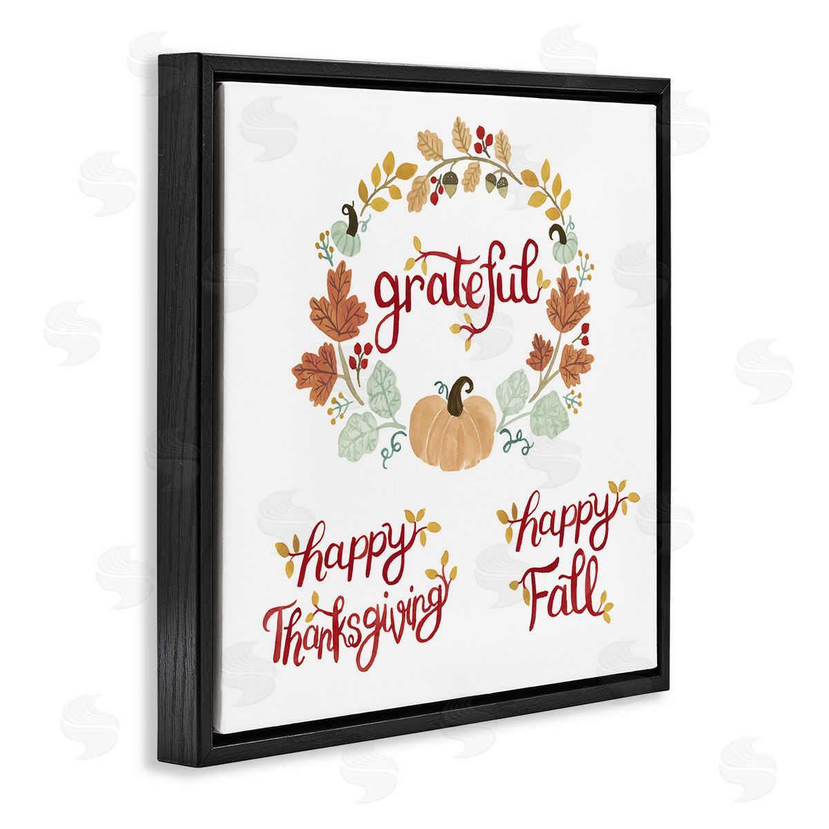 Heather Strianese Grateful Seasonal Thanksgiving Holiday Botanical Pumpkin Wreath Black Floating Frame Canvas Wall Art Print