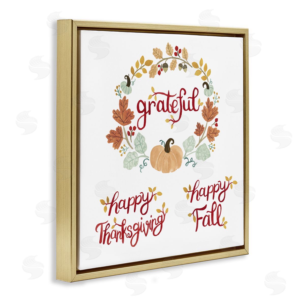 Heather Strianese Grateful Seasonal Thanksgiving Holiday Botanical Pumpkin Wreath Gold Floating Frame Canvas Wall Art Print