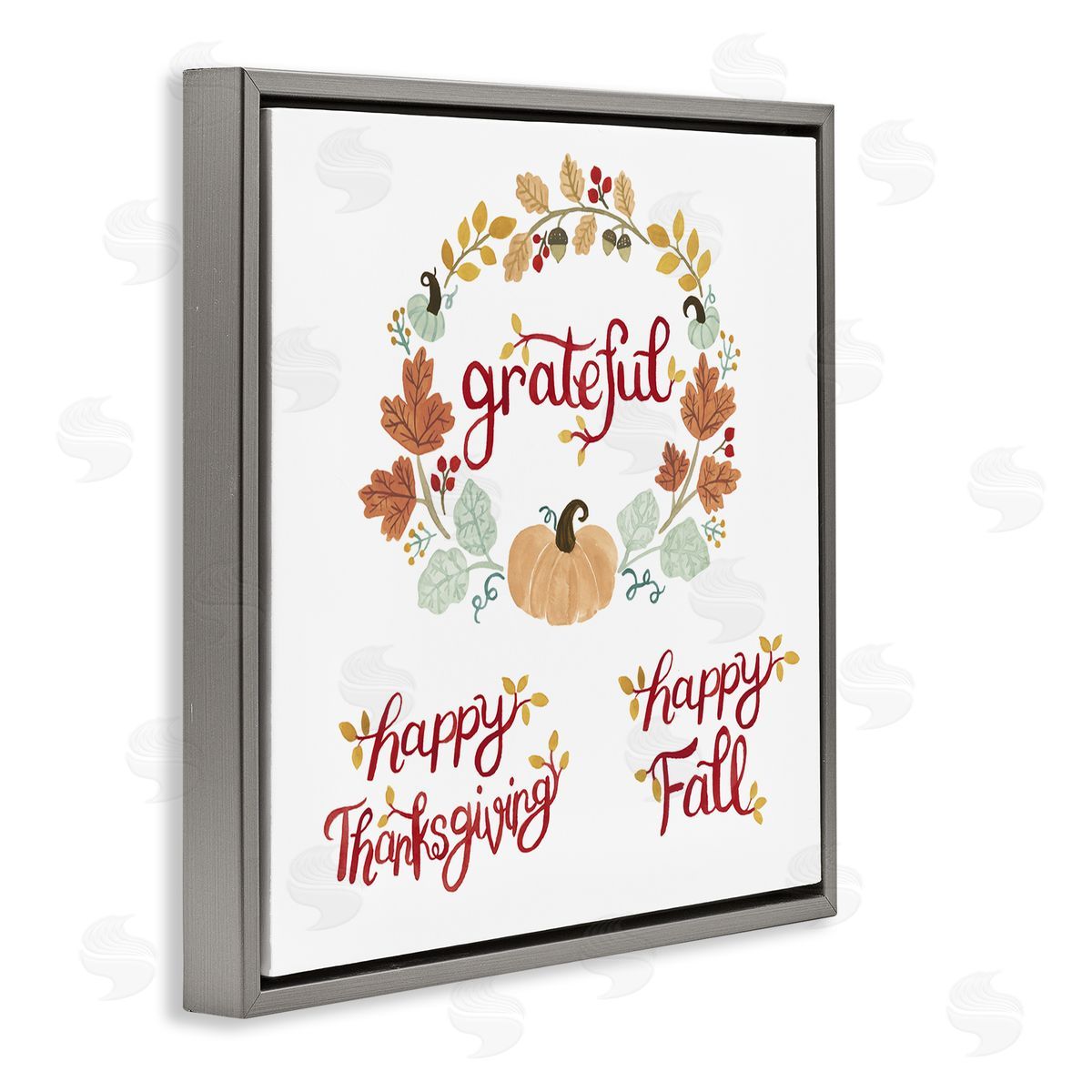 Heather Strianese Grateful Seasonal Thanksgiving Holiday Botanical Pumpkin Wreath Gray Floating Frame Canvas Wall Art Print