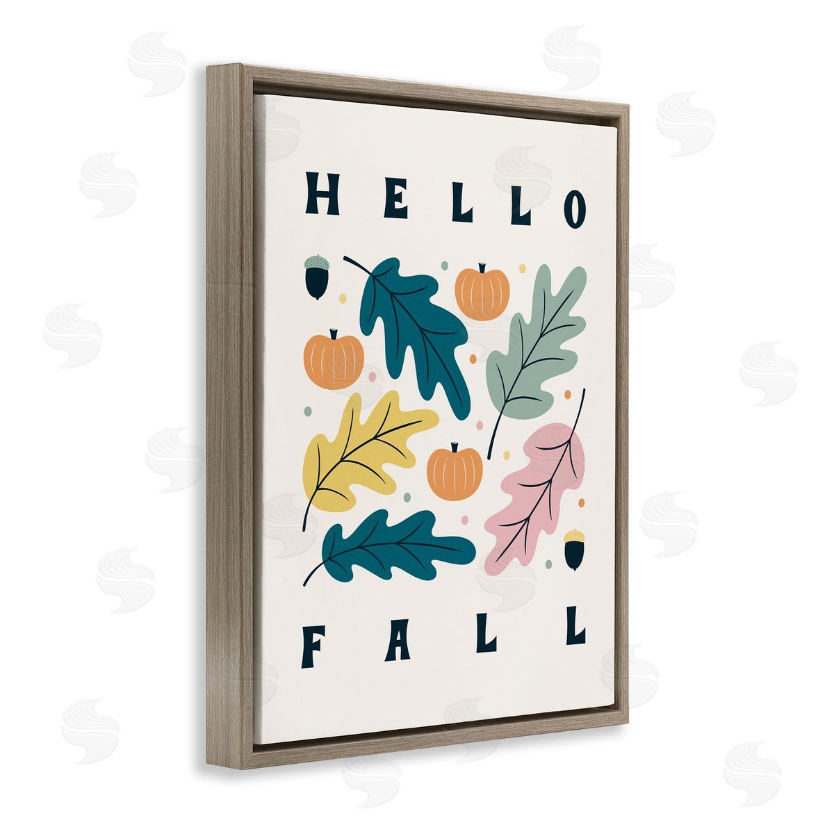 Jalynn Heerdt Hello Fall Modern Pastel Autumn Leaves Typography  Brown Floating Frame Canvas Wall Art Print
