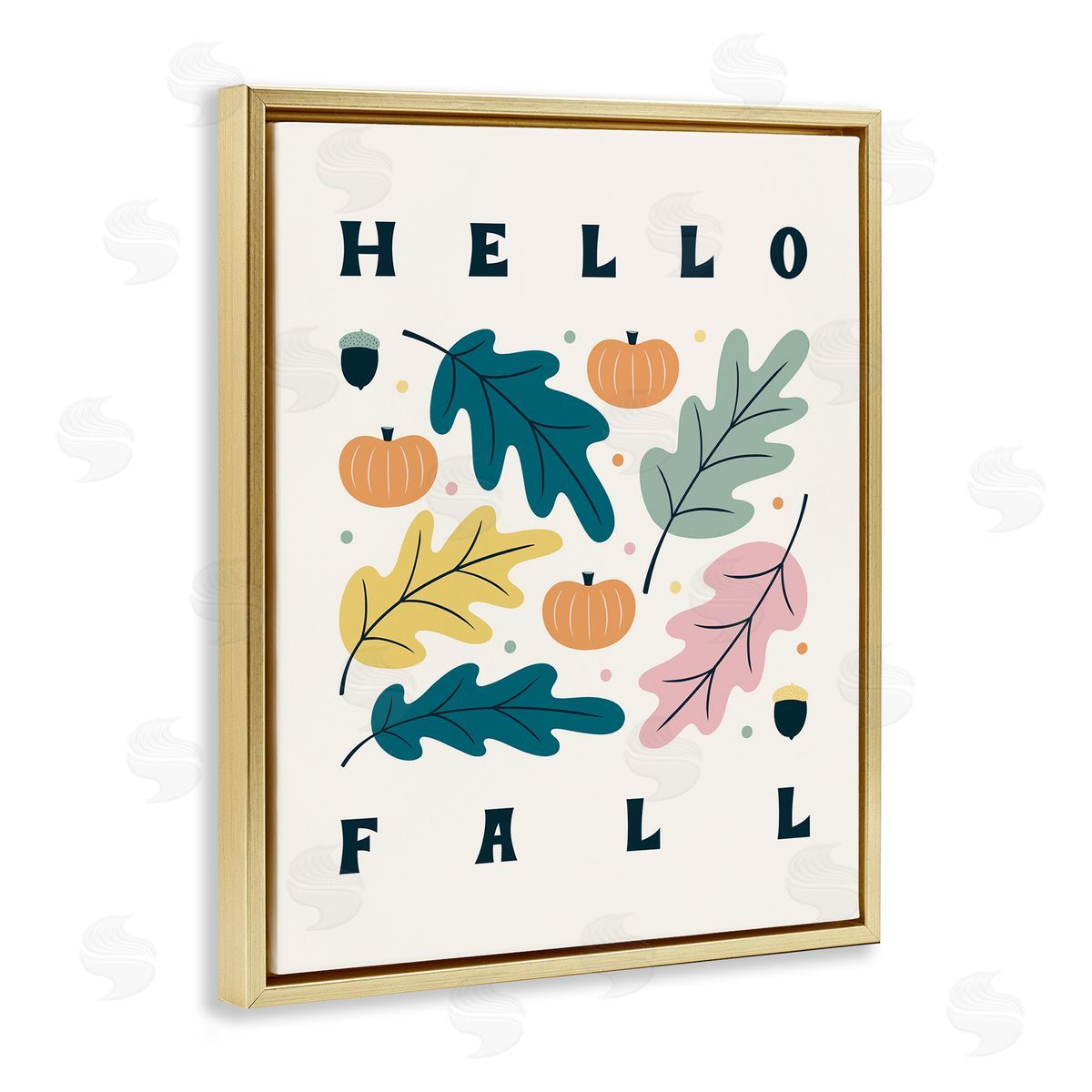 Jalynn Heerdt Hello Fall Modern Pastel Autumn Leaves Typography  Gold Floating Frame Canvas Wall Art Print