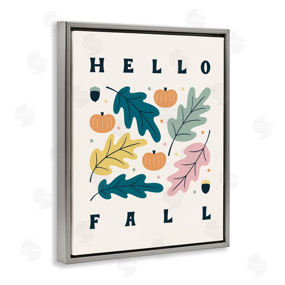 Jalynn Heerdt Hello Fall Modern Pastel Autumn Leaves Typography  Gray Floating Frame Canvas Wall Art Print